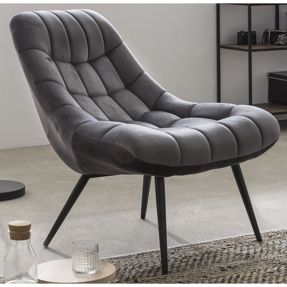 Fauteuil XXL fluweel grijs metaal zwart