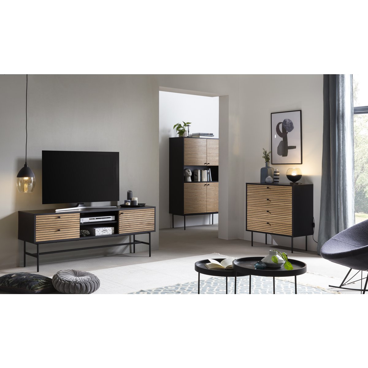 Lowboard zwart/eiken echt houtfineer
