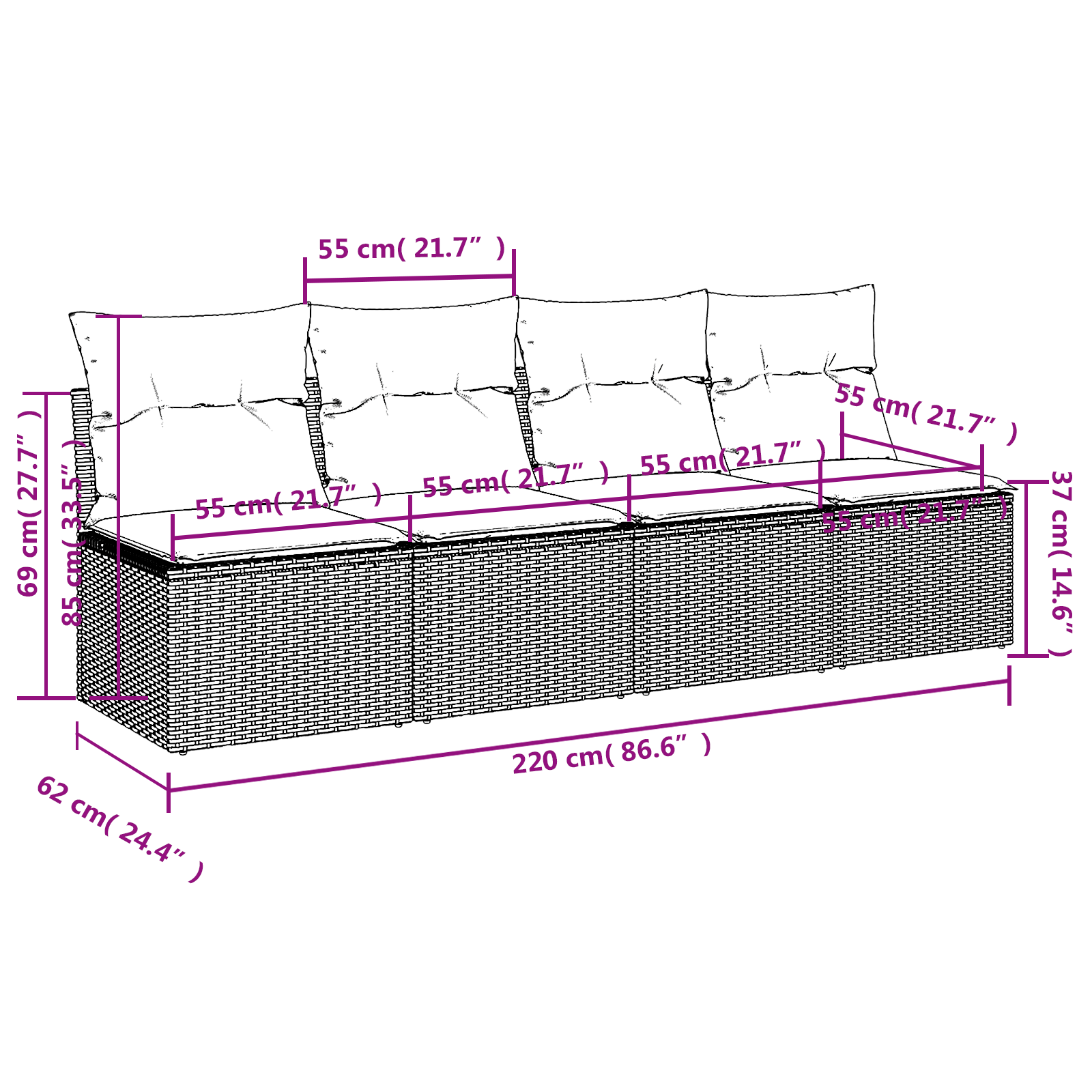 | Tuinbank | met kussen Grijs 227 x 62 x 69 cm poly rattan