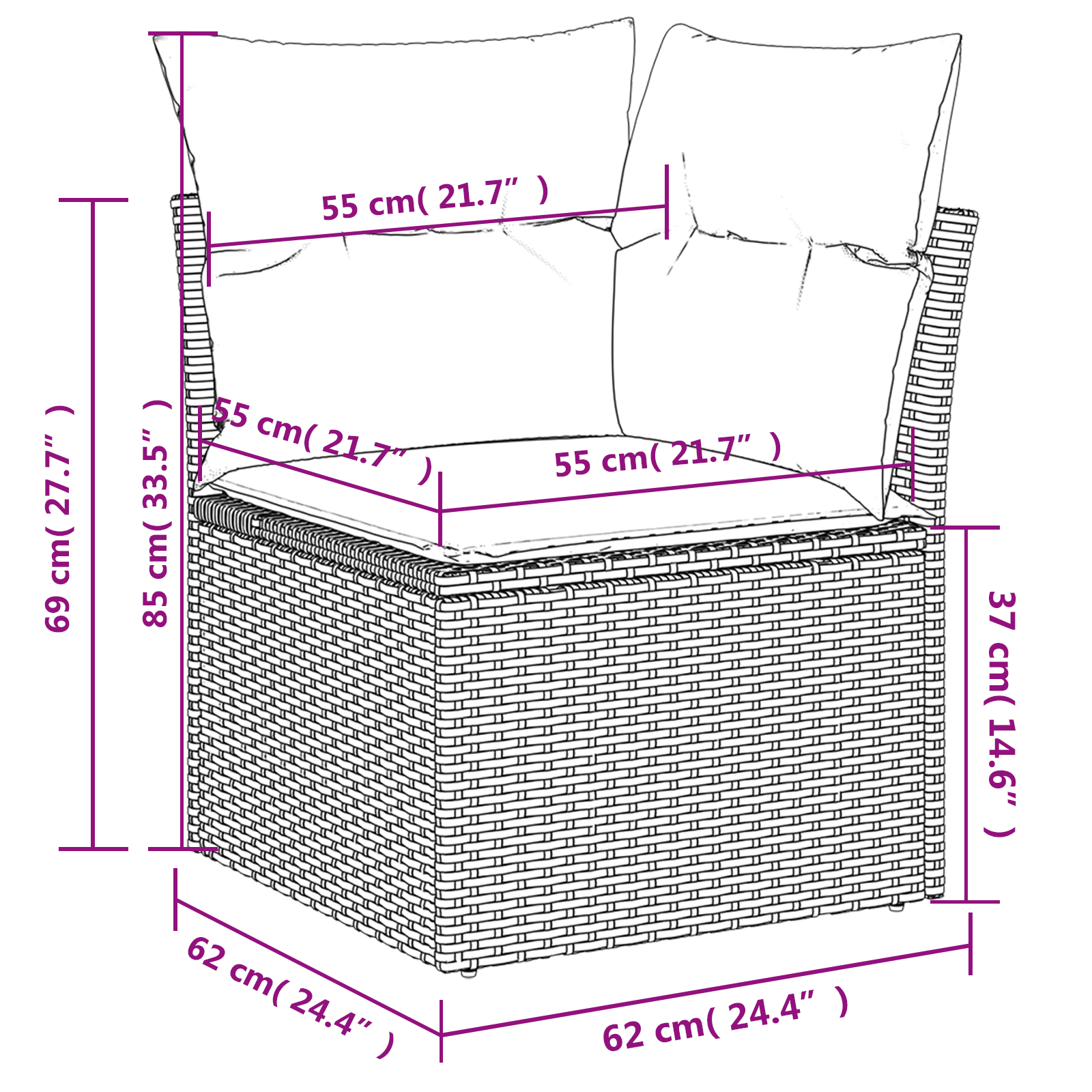 | Tuinbank | met kussen met opslag Grijs 62 x 62 x 69 cm Poly riet