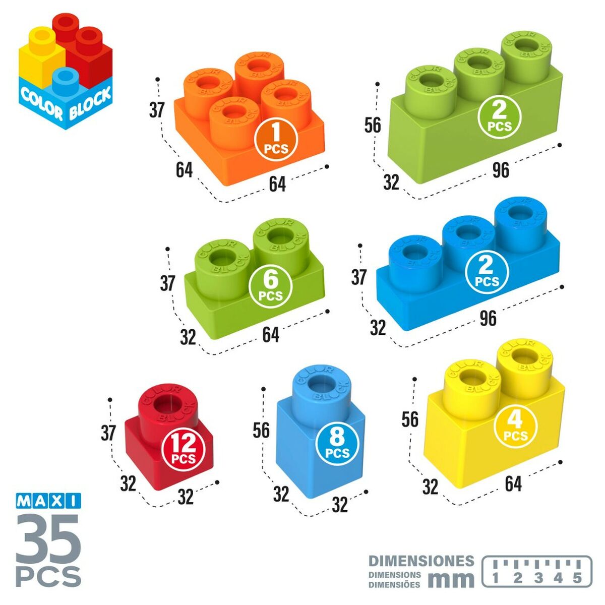 Bouwspel Color Block Basic Kubus 35 Onderdelen (6 Stuks)