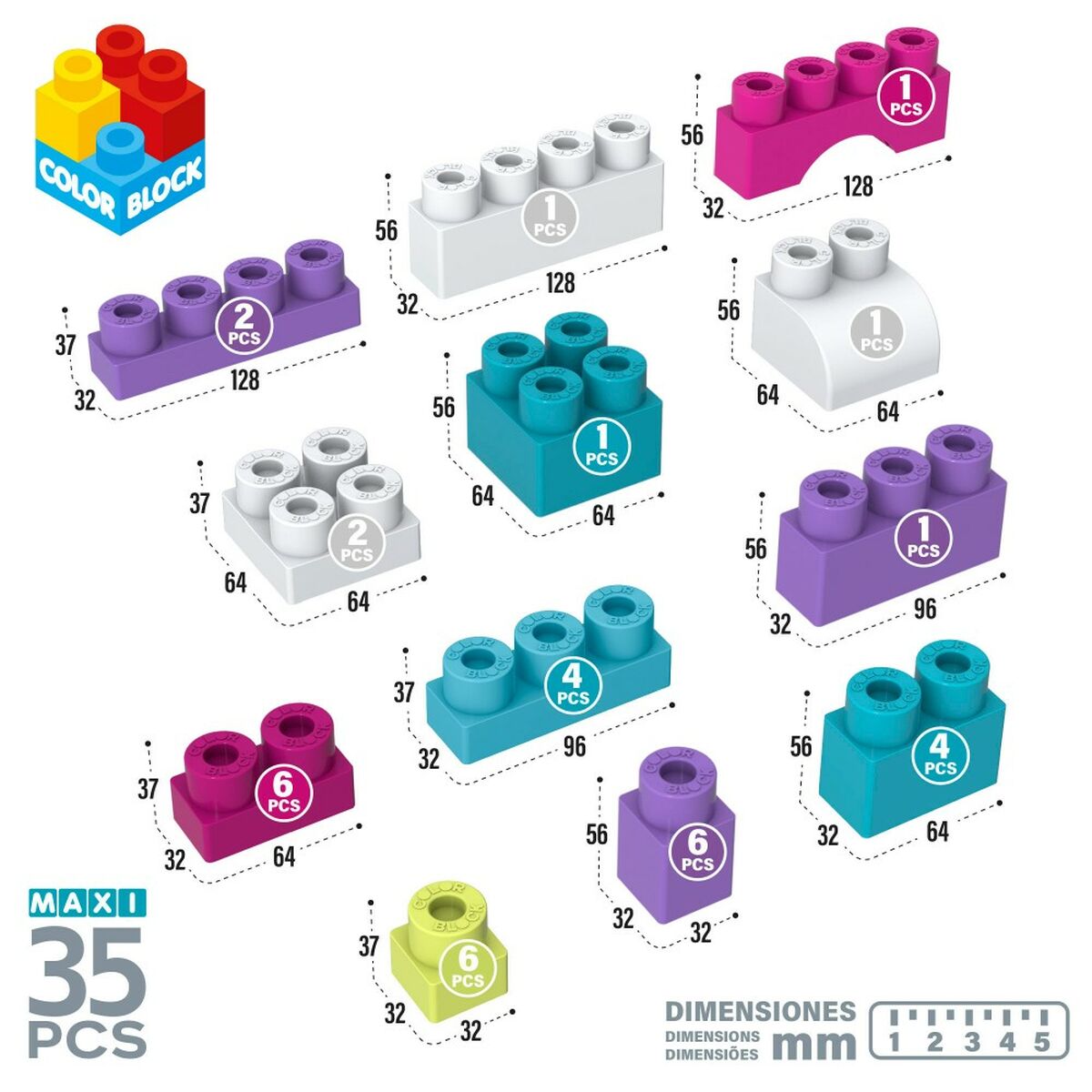 Bouwspel Color Block Trendy Tas 35 Onderdelen (6 Stuks)