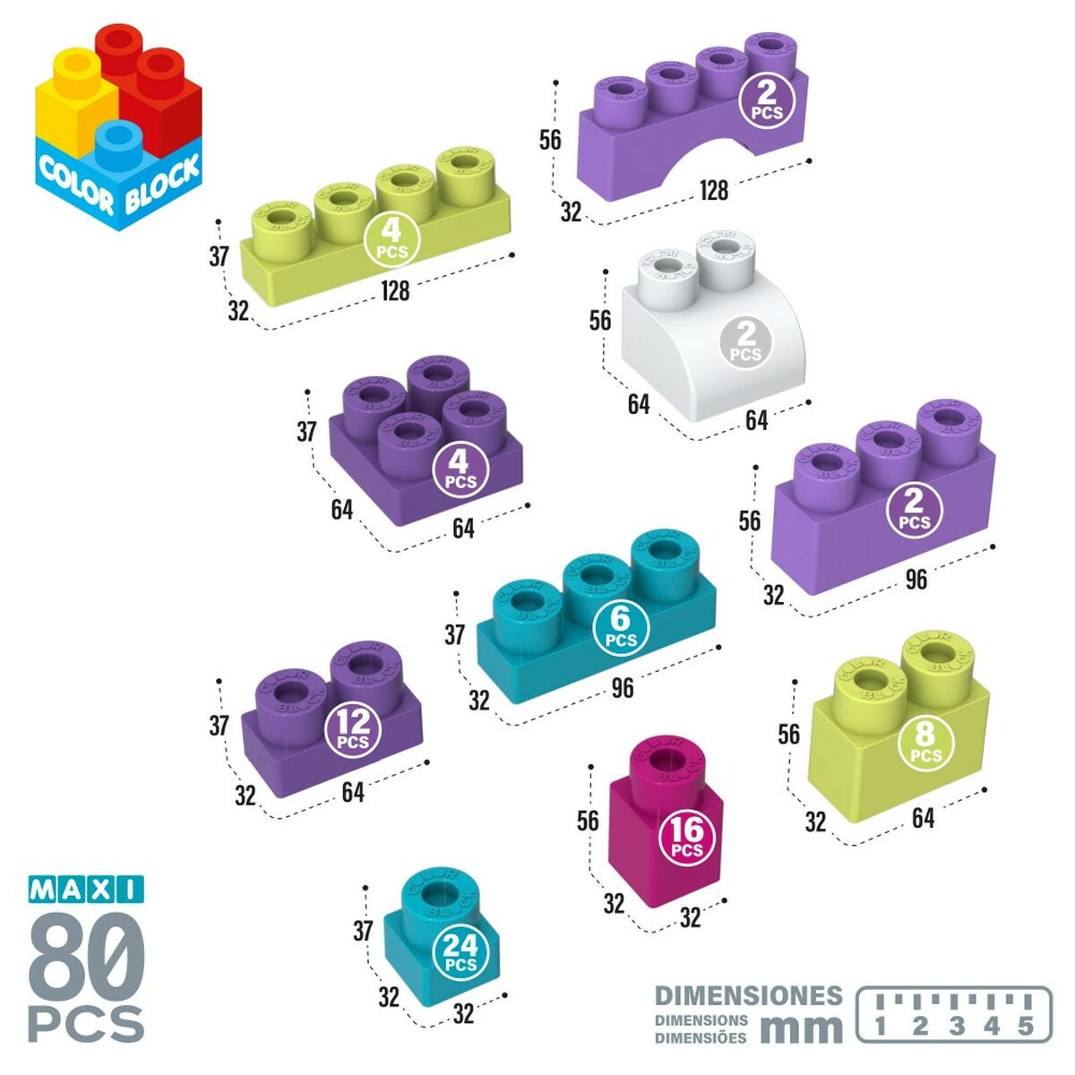 Bouwspel Color Block Trendy 80 Onderdelen (4 Stuks)