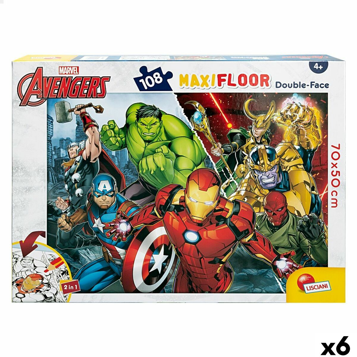 Kinderpuzzel The Avengers Dubbelzijdig 108 Onderdelen 70 x 1,5 x 50 cm (6 Stuks)
