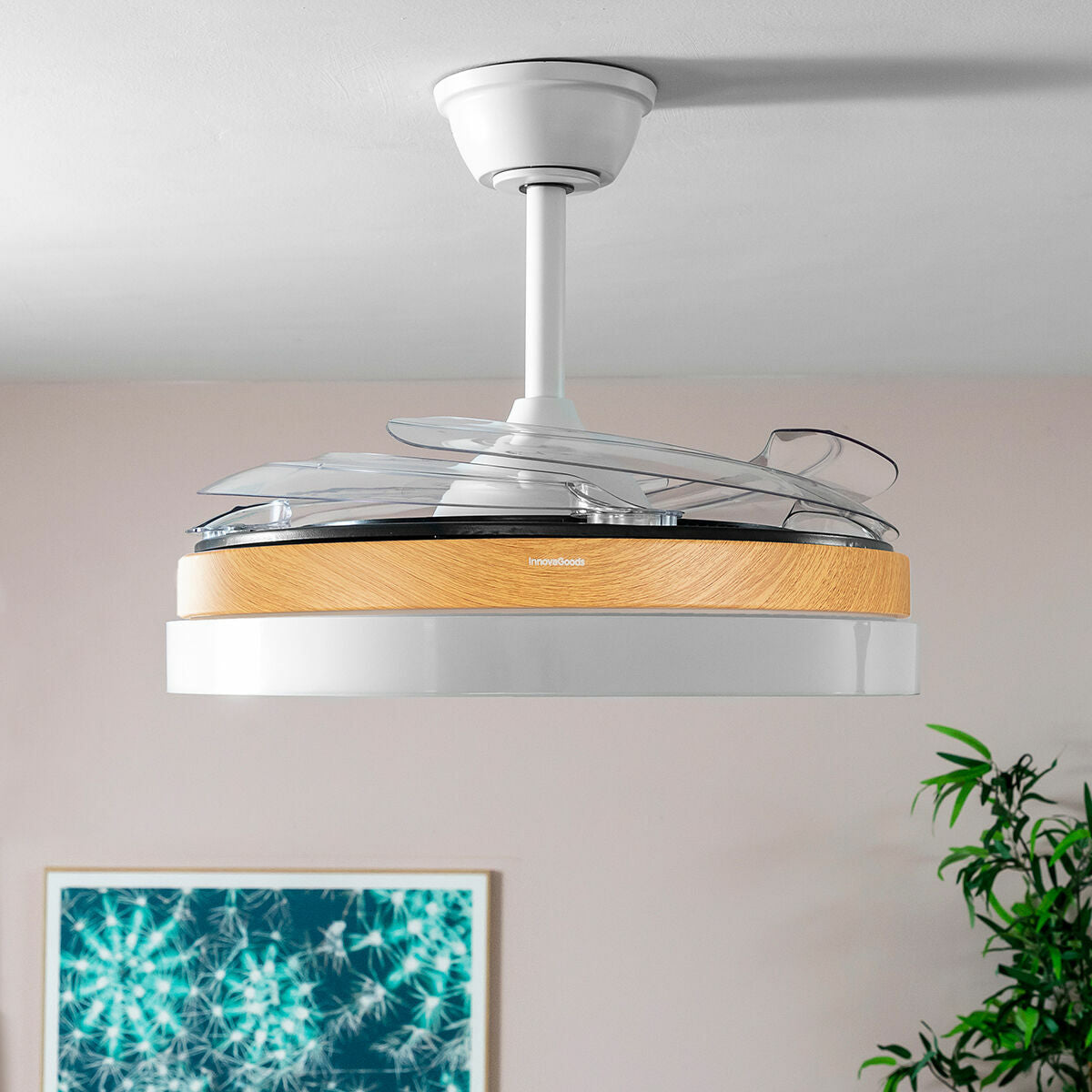 Plafondventilator met ledverlichting en 4 inklapbare bladen Blalefan InnovaGoods Hout 72 W Ø49,5-104 cm