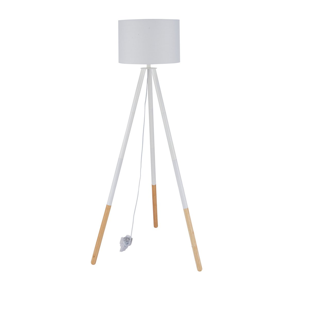 Staande lamp met houten frame en witte/natuurlijke stoffen kap
