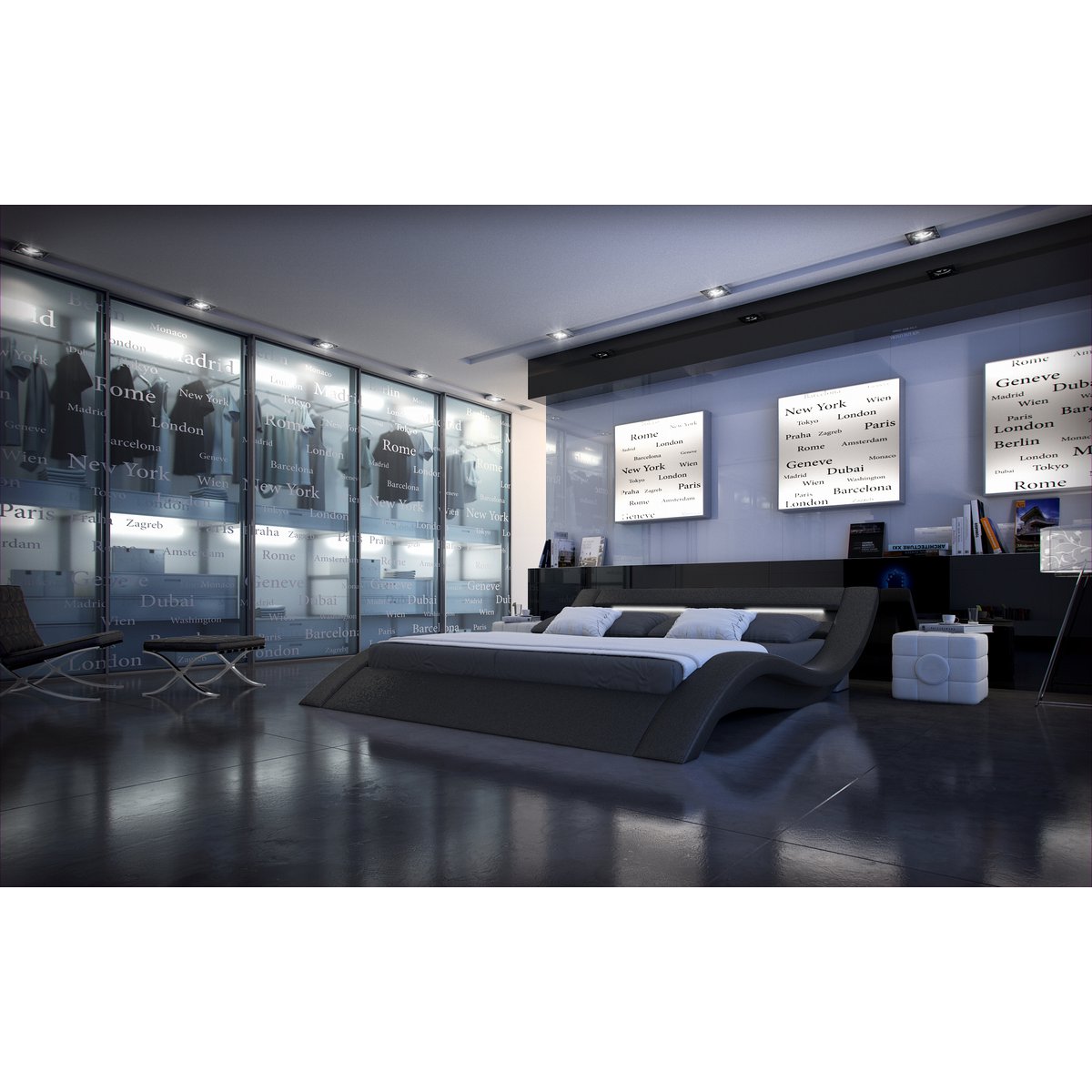 Gestoffeerd bed 140x200 cm LED zwart kunstleerlook