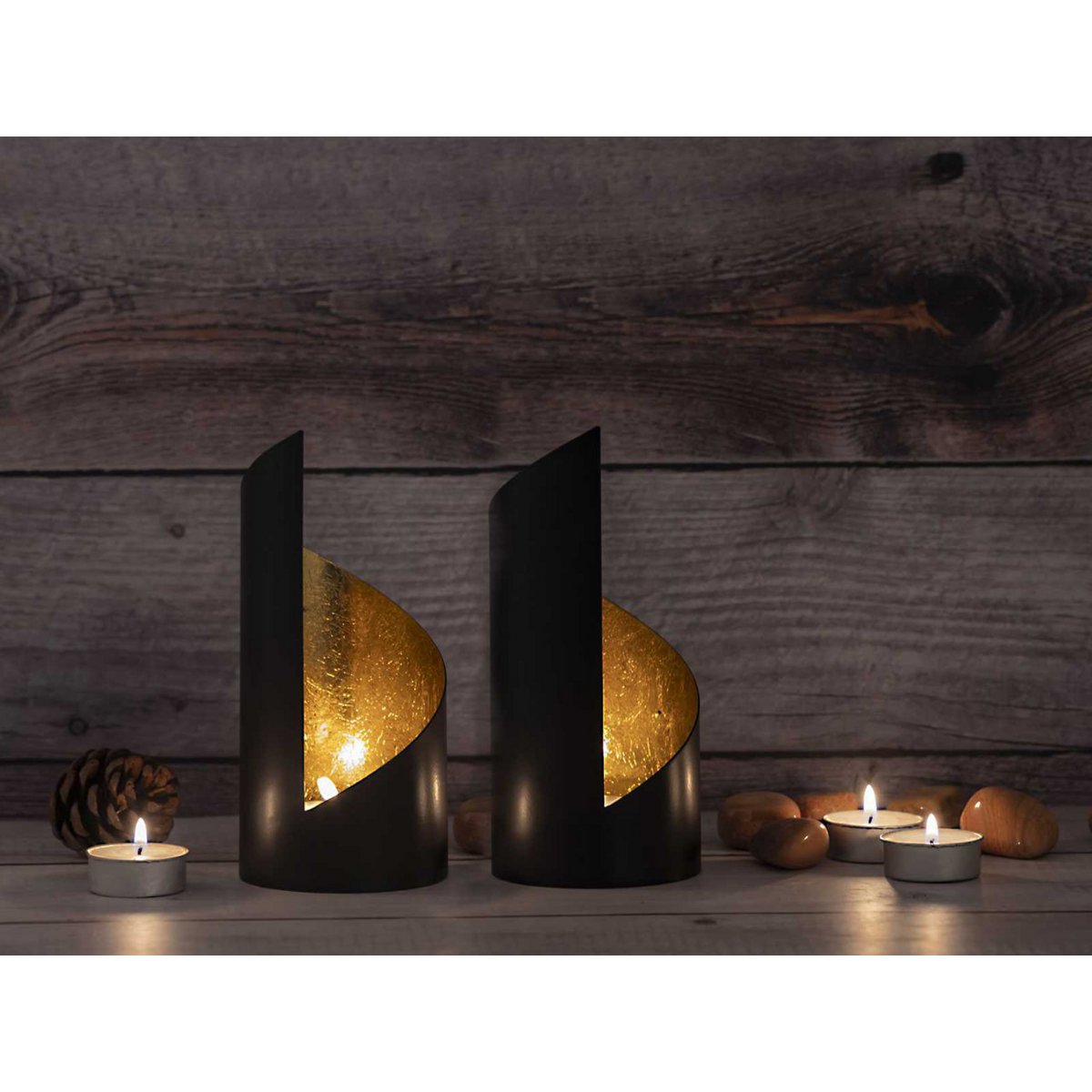 Tealight-houder set 2-delige kandelaar Kevin cilindrische zwarte mat vergulde binnenin