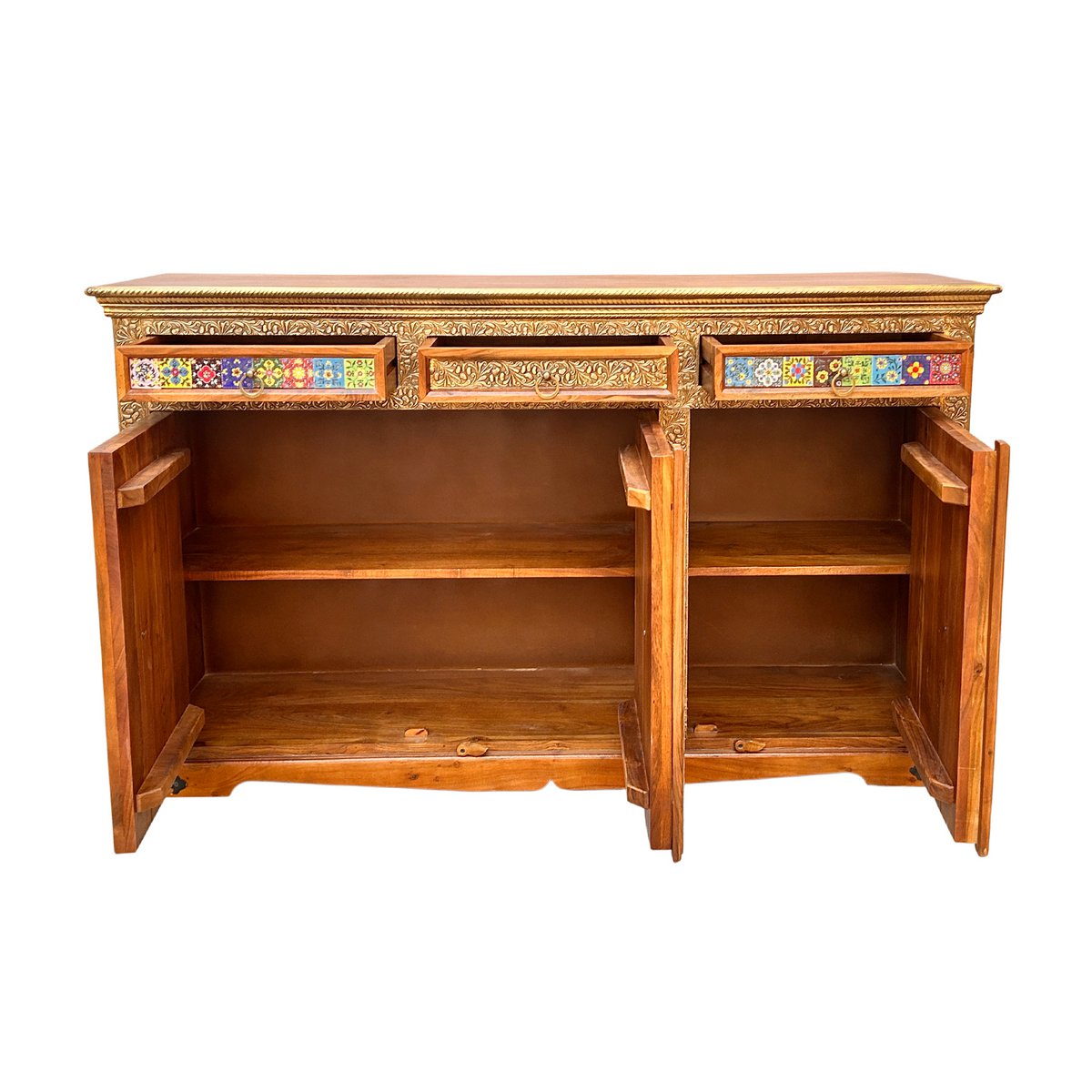 Dressoir, 3 deuren, 3 lades, acacia, metaal, kleurrijk