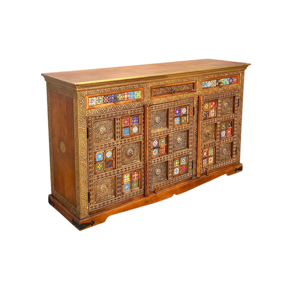 Dressoir, 3 deuren, 3 lades, acacia, metaal, kleurrijk