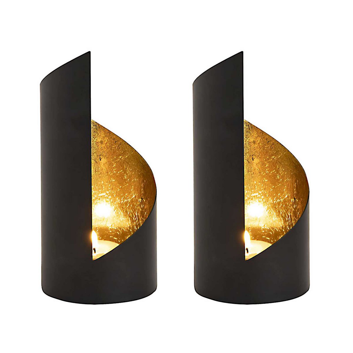 Tealight-houder set 2-delige kandelaar Kevin cilindrische zwarte mat vergulde binnenin