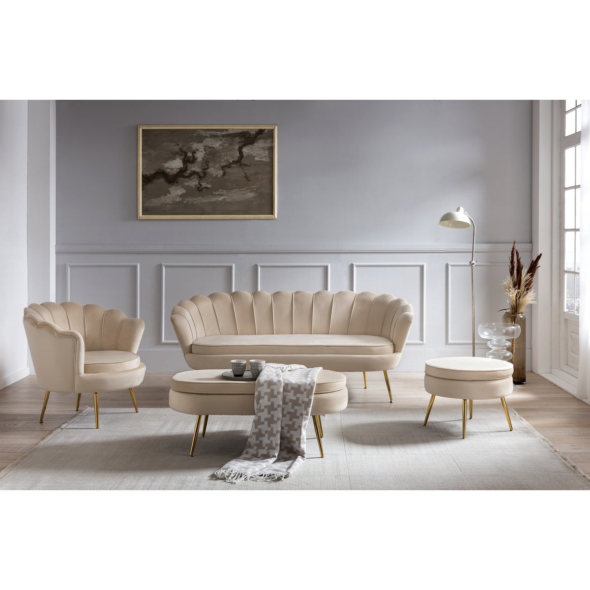 Shell bank 3 zits in beige fluweel