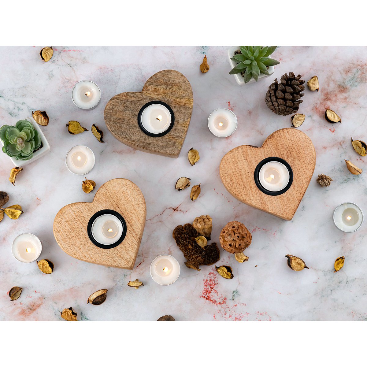 Tealight Holder 3 Set Candlestick Tea Lights 12x11cm Herzilein kandelaar Mango Wood