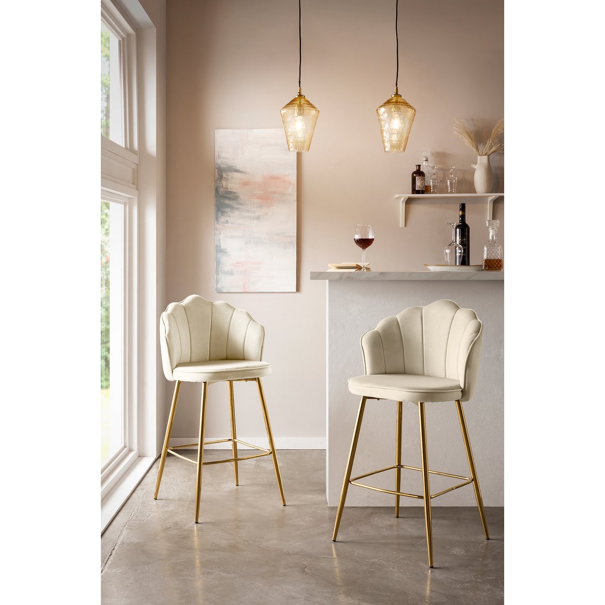 Set van 2 barkrukken met schelpdesign in beige fluweel