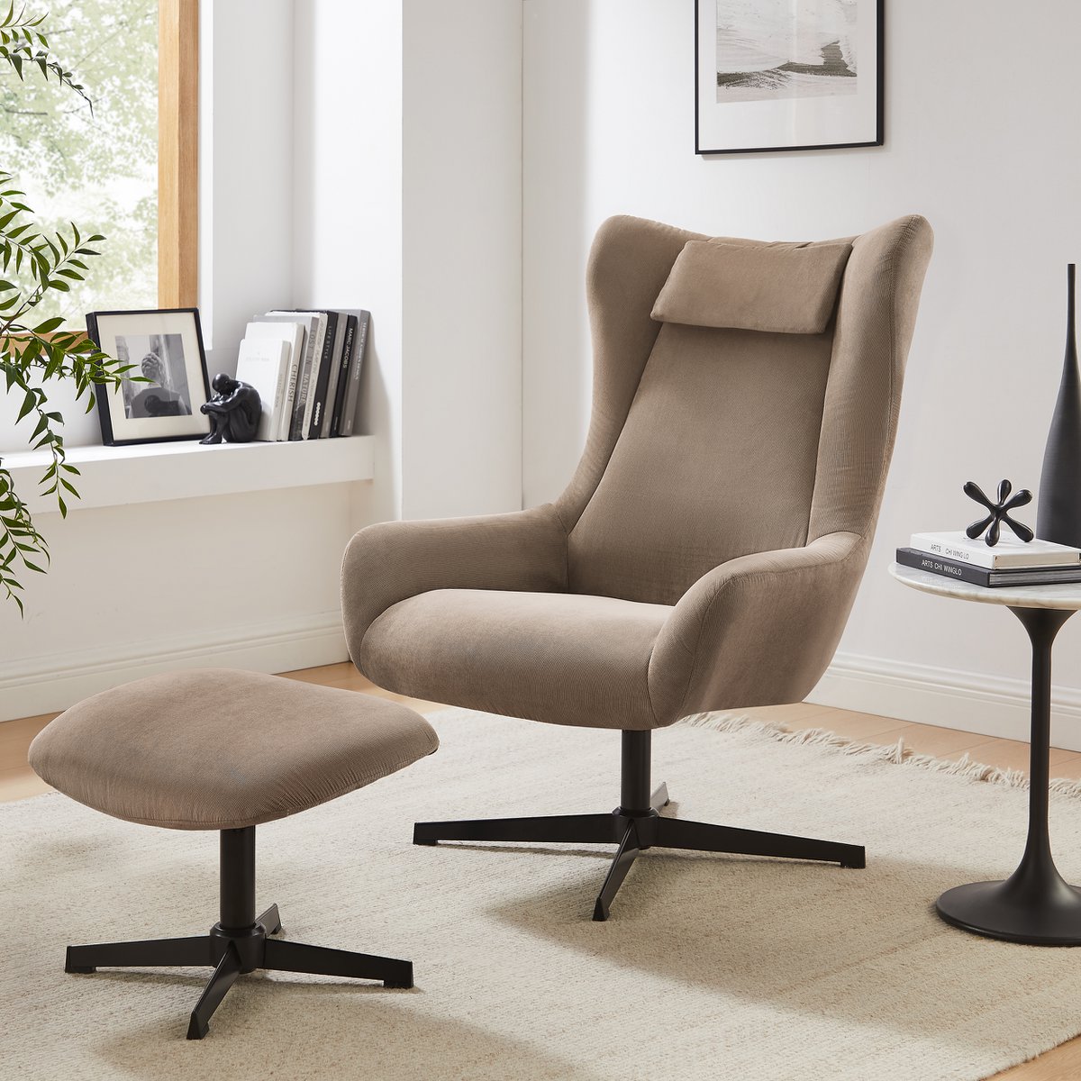 Fauteuil en kruk corduroy look bruin