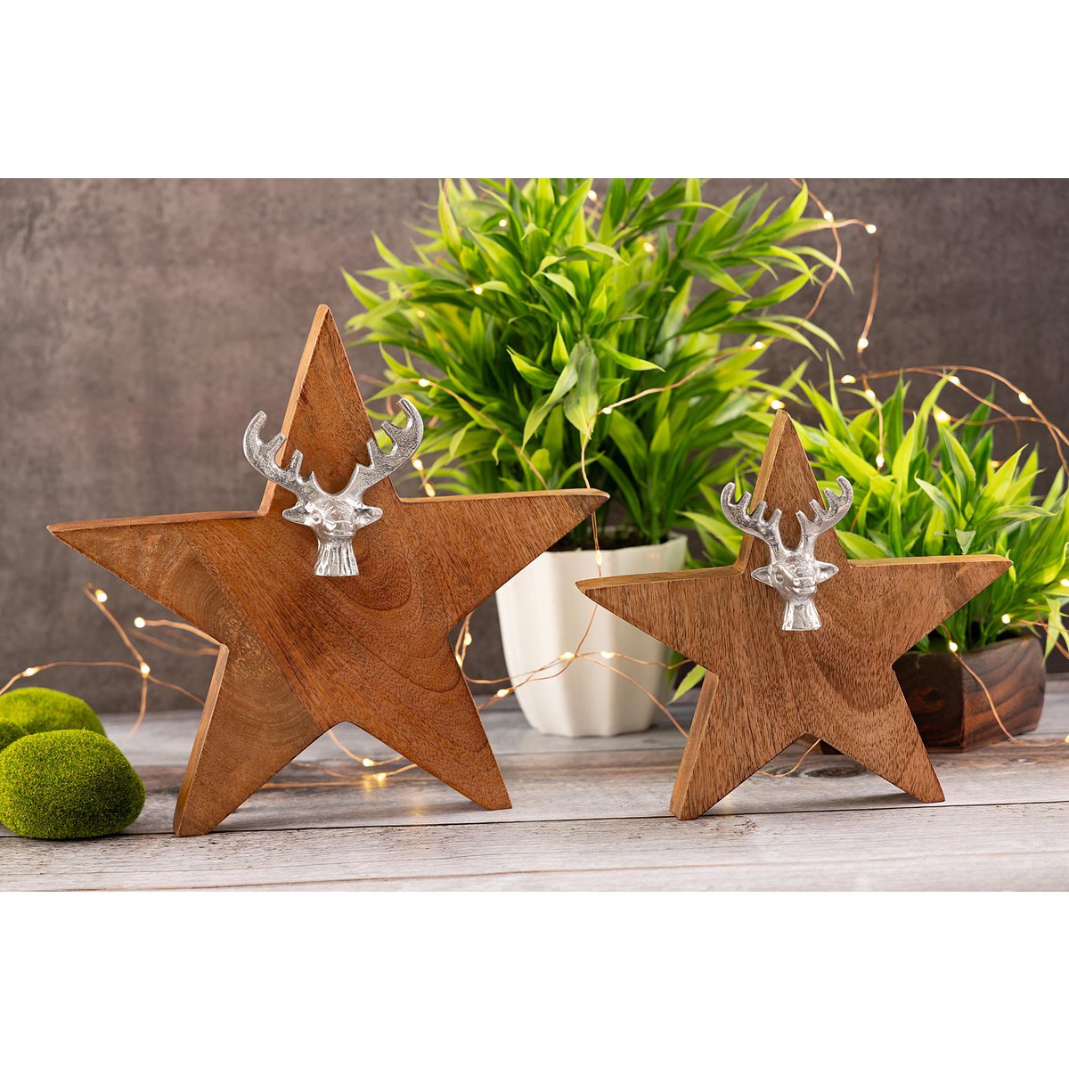 Houten figuur ster 2er set met hertenkop maat 25/19 cm met mango houten aluminium