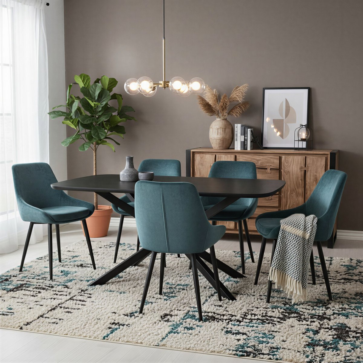 Eettafel 180x90 cm, Mango blad, stalen sterframe in antiek zwart