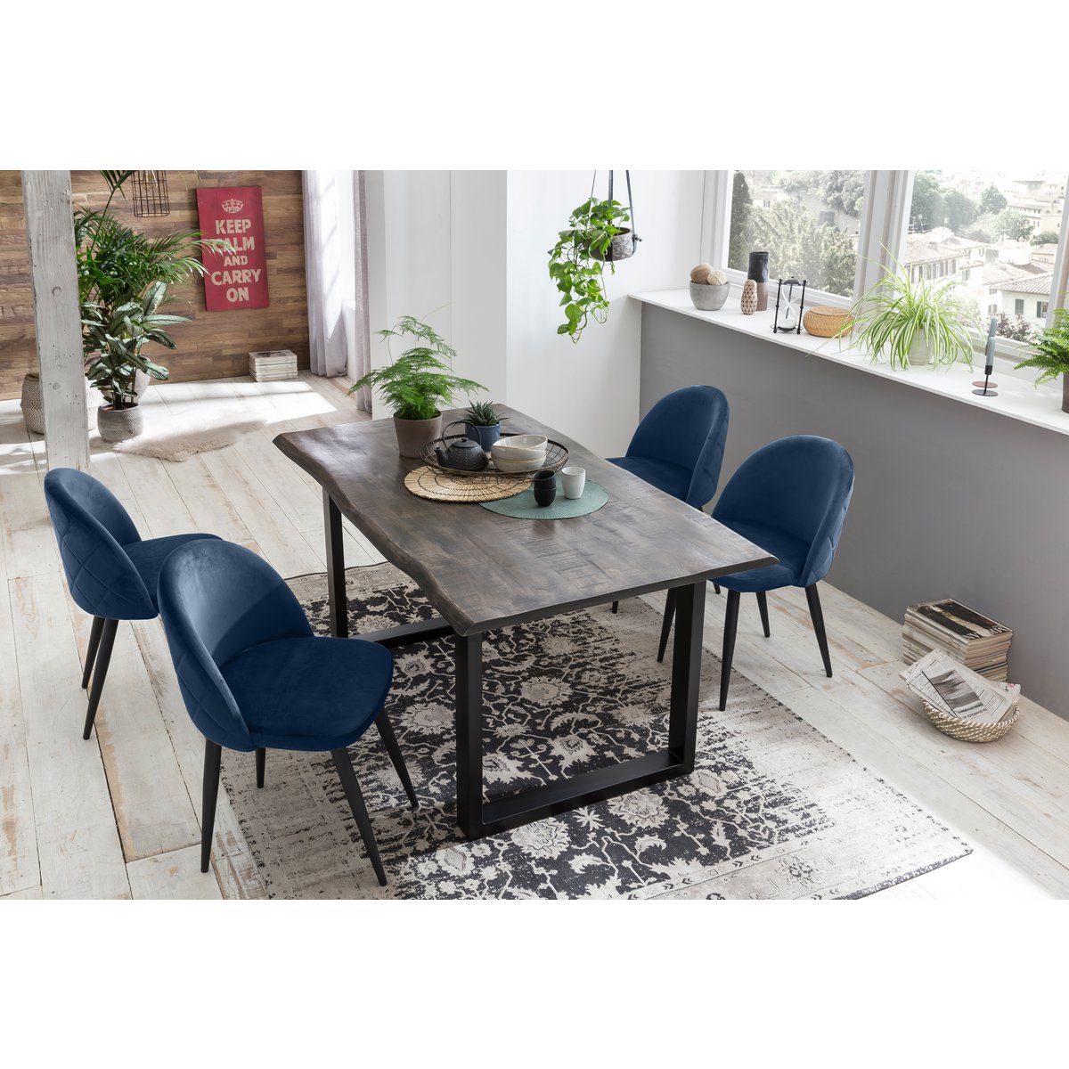 Tafel 160x85 cm, mangogrijs ruwgezaagd, zwart frame