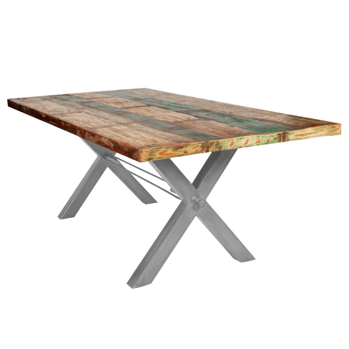 Tafel 160x85 cm, teruggewonnen hout geschilderd in felle kleuren