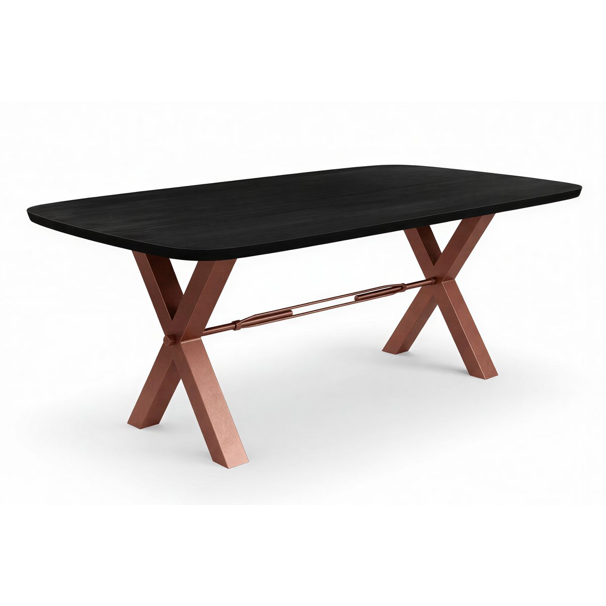 Eettafel 240x100 cm, 30 mm blad Mango zwart, X-stalen frame antiekbruin