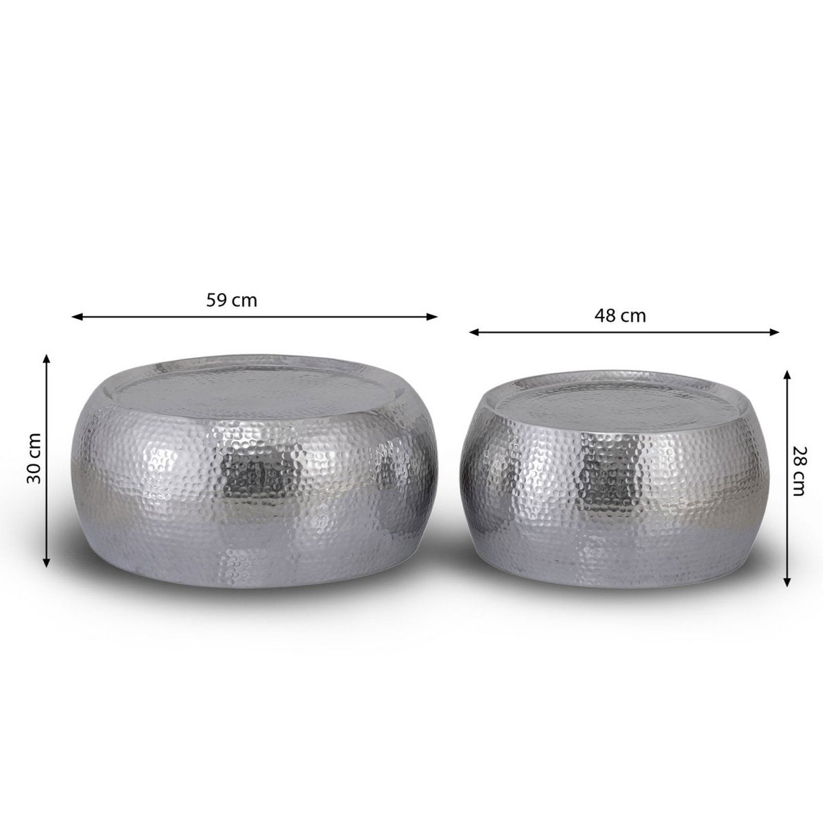 SUILY TABEL 2 DAKAR STRAAK DRAAG Ø 55/43 X H 30/28 cm zilveraluminium gehamerd