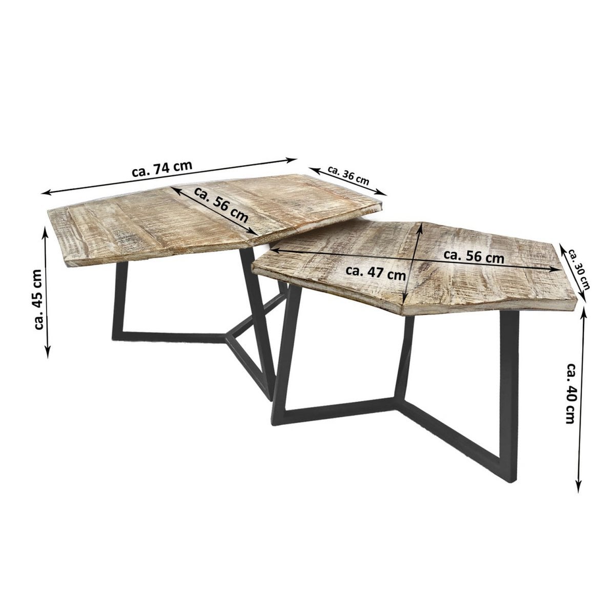 Salontafel set 2-delig woonkamertafel bijzettafel Paris metalen frame zwart wit of antiek zilver
