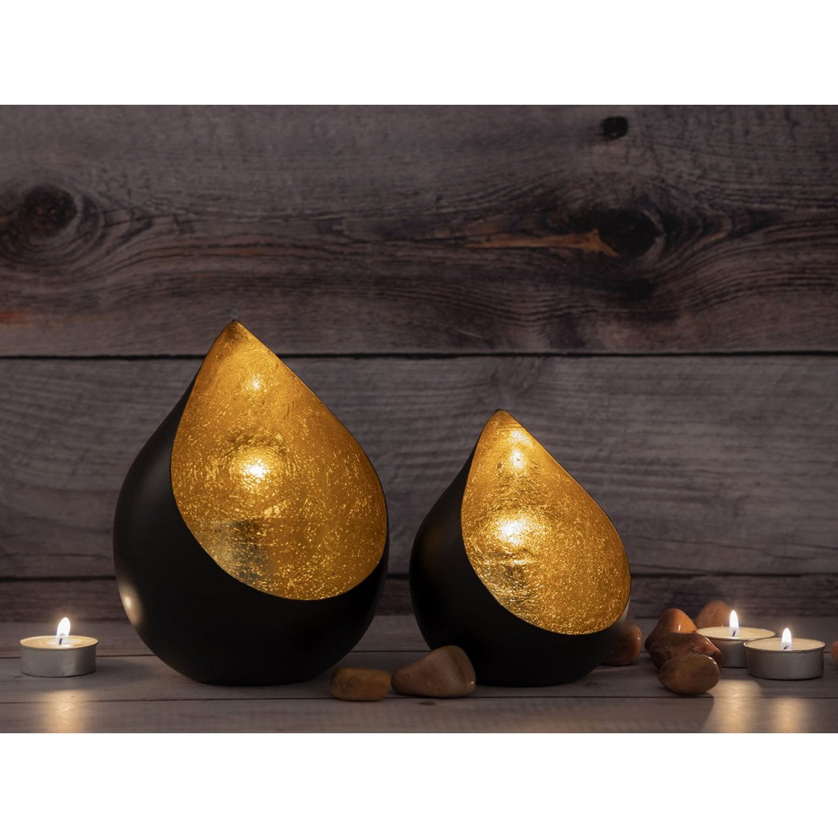 Tealight-houder set 2-delige romy kaarsenhouder drop-vorm zwarte mat vergulde binnenin