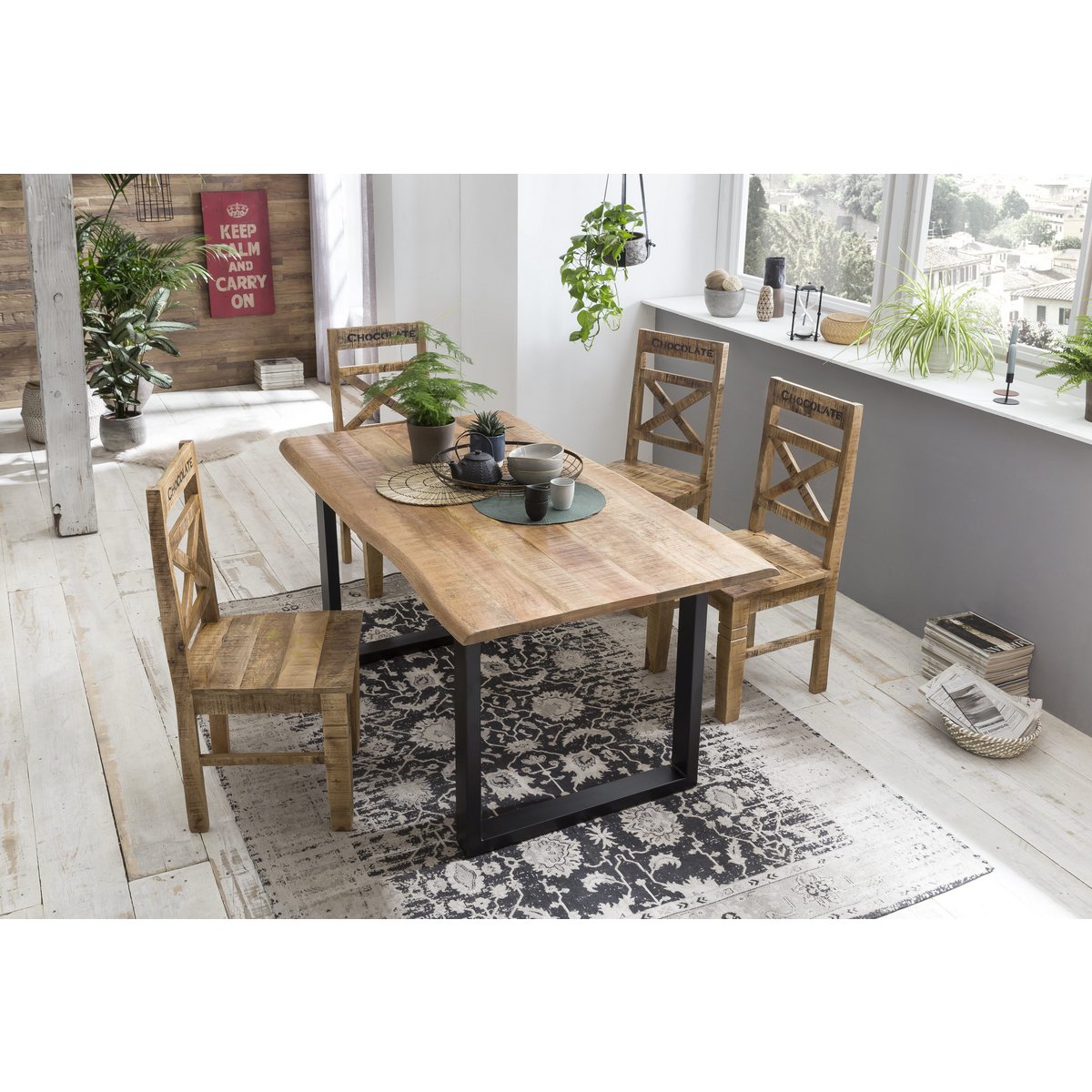 Tafel 160x85 cm, mango naturel ruw gezaagd, zwart frame