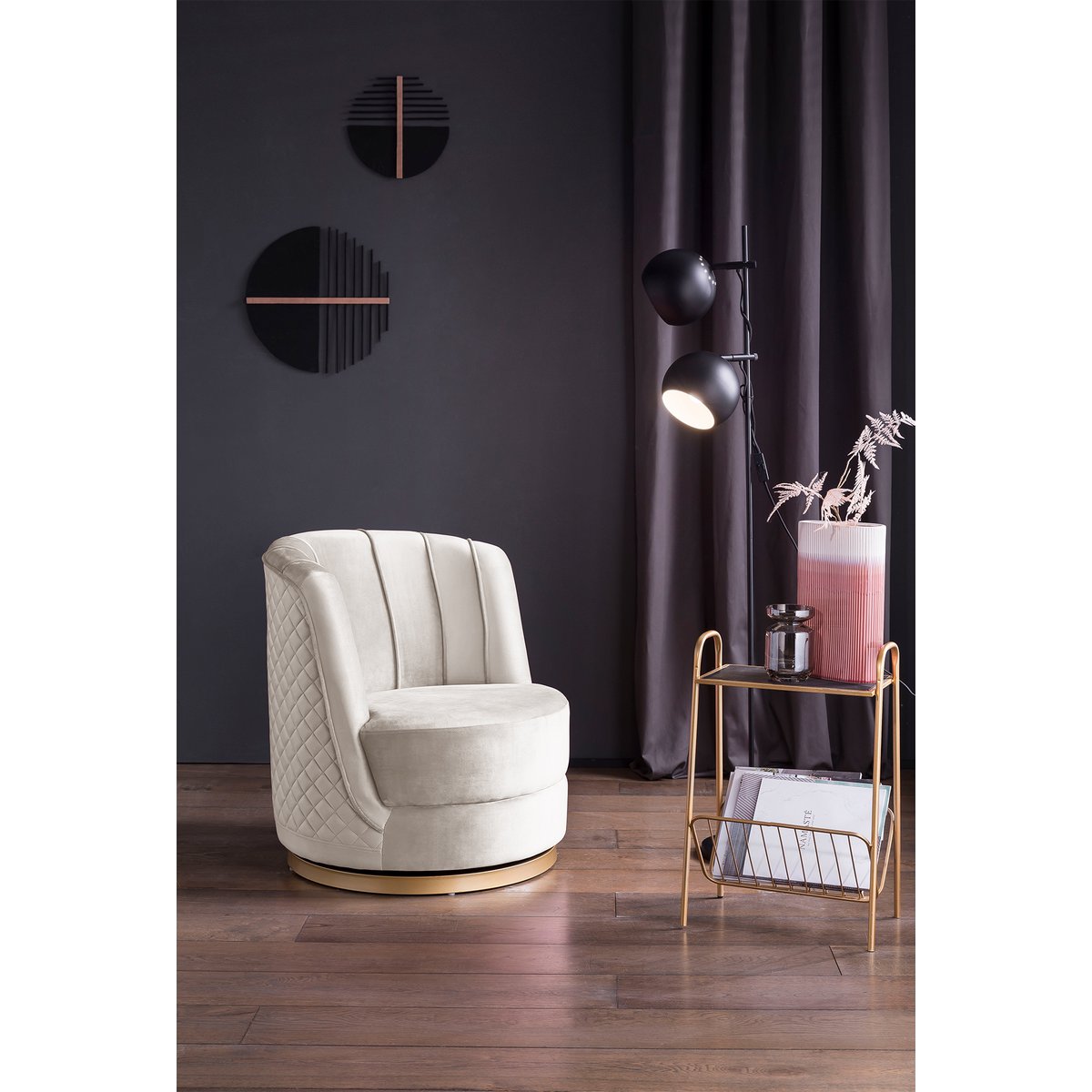 Beige fluwelen draaifauteuil