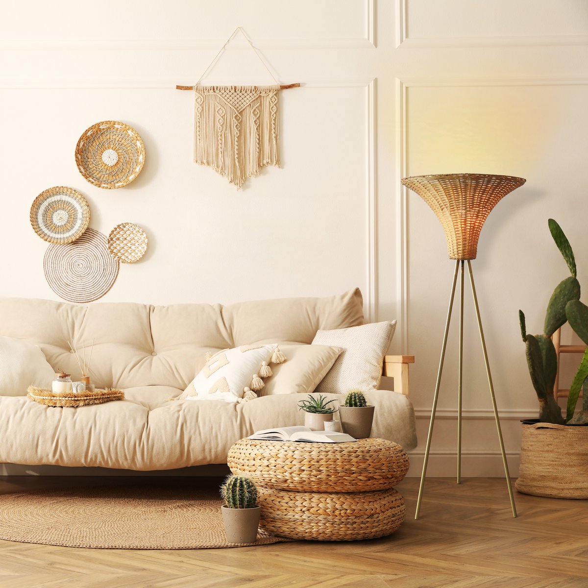 Staande lamp met gevlochten kap messing/naturel 150 cm