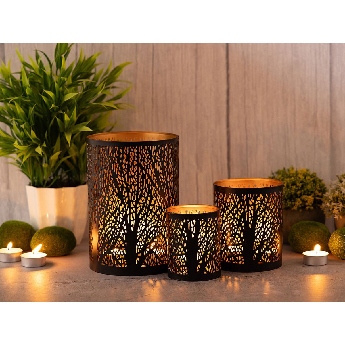 Windlich 3 Set MasterBox 12x 3 -Deel kaarsen Stand Forest Tea Light Holder rond zwart goud