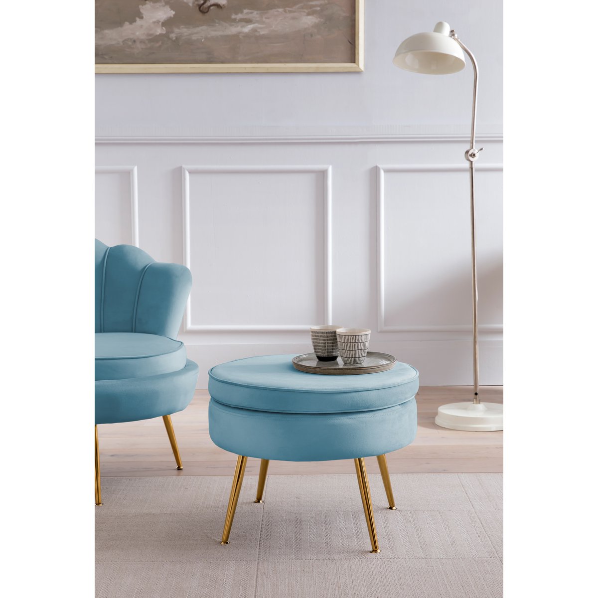Ronde fluwelen poef blauw