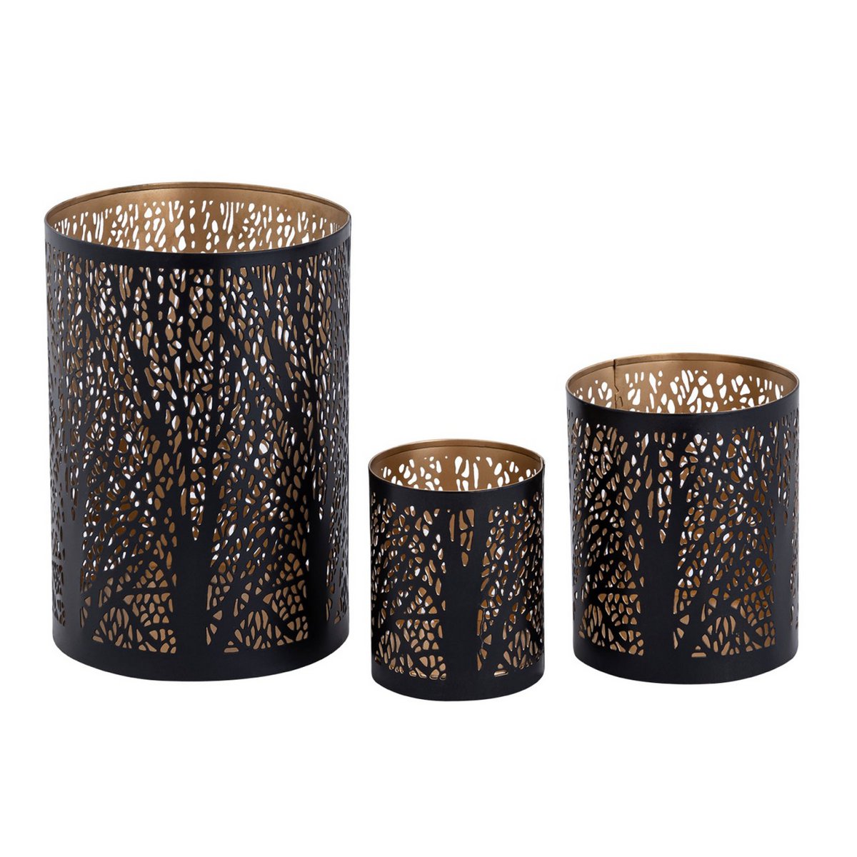 Windlich 3 Set MasterBox 12x 3 -Deel kaarsen Stand Forest Tea Light Holder rond zwart goud