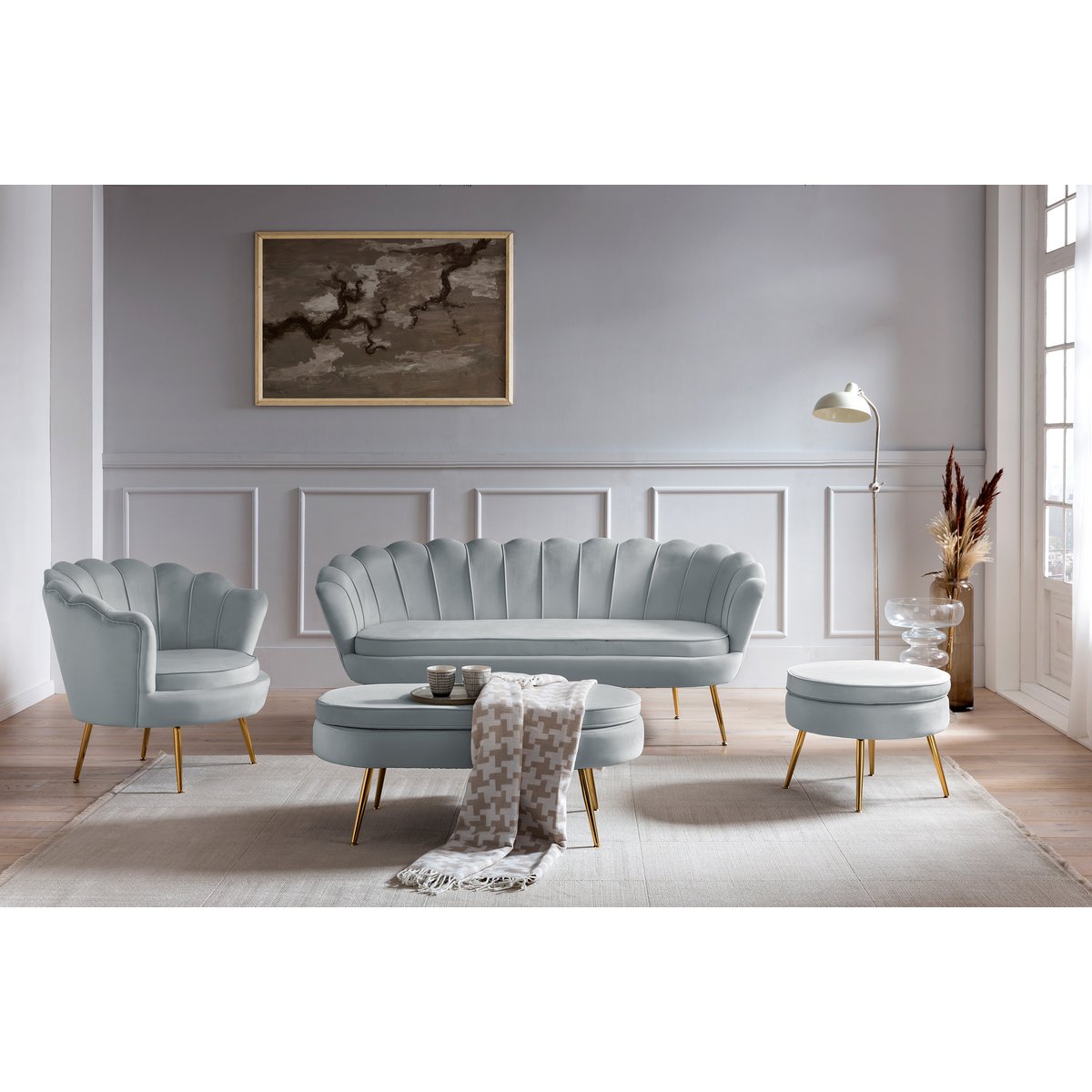 Fluwelen schelp fauteuil in lichtgrijs