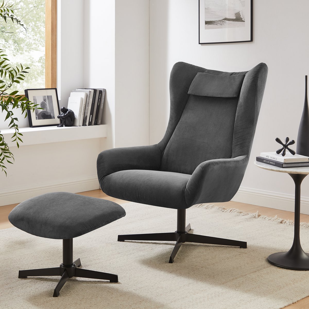 Fauteuil en kruk koordoptiek grijs