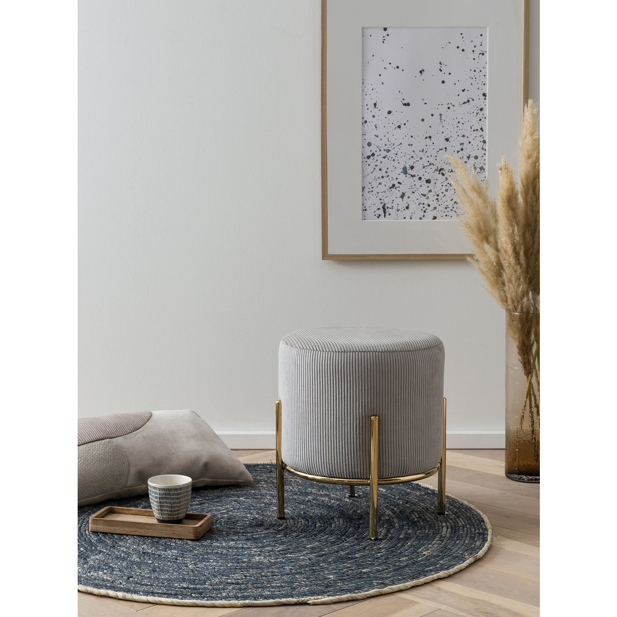 Gestoffeerde kruk Ø35 cm corduroy look lichtgrijs