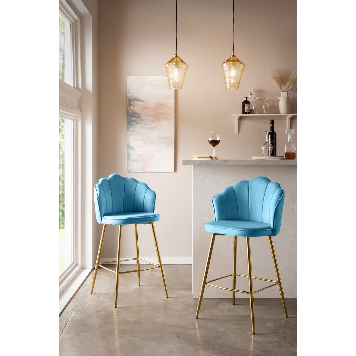 Set van 2 barkrukken met schelpdesign in blauw fluweel