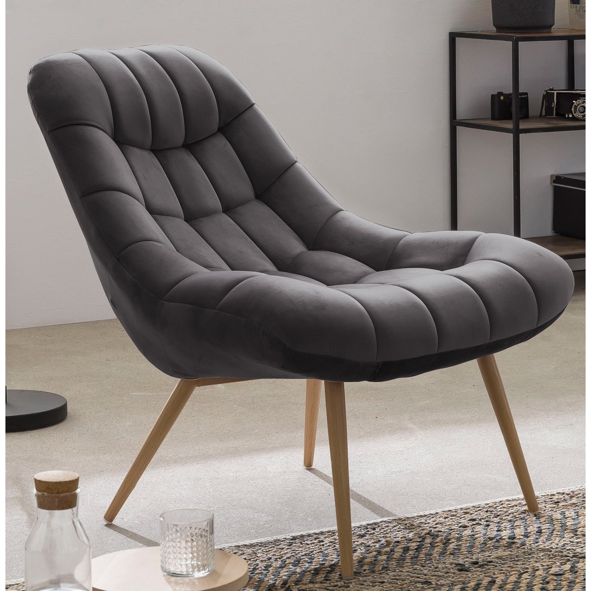 Fauteuil XXL fluweel grijs metaal houtlook
