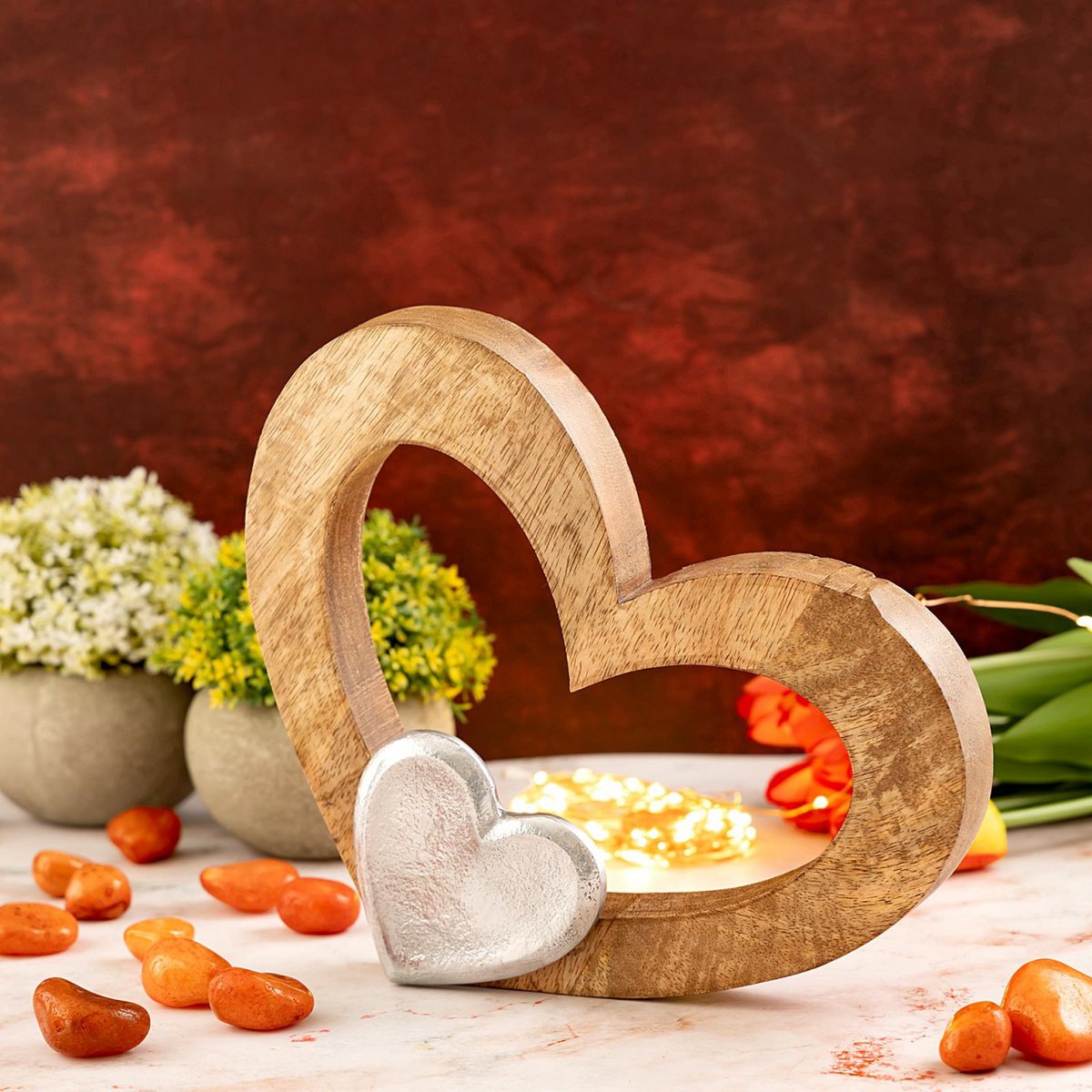 Deco Heart 27x21cm houten figuur mastbox 16-delige Herzilein mango-oude aluminium