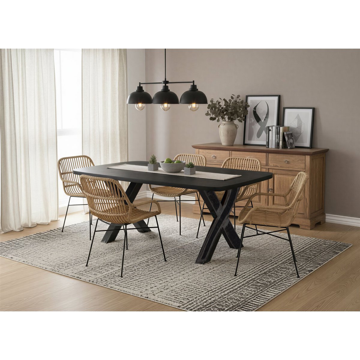 Eettafel 220x100 cm, 30 mm blad Mango zwart, X-frame metaal used look