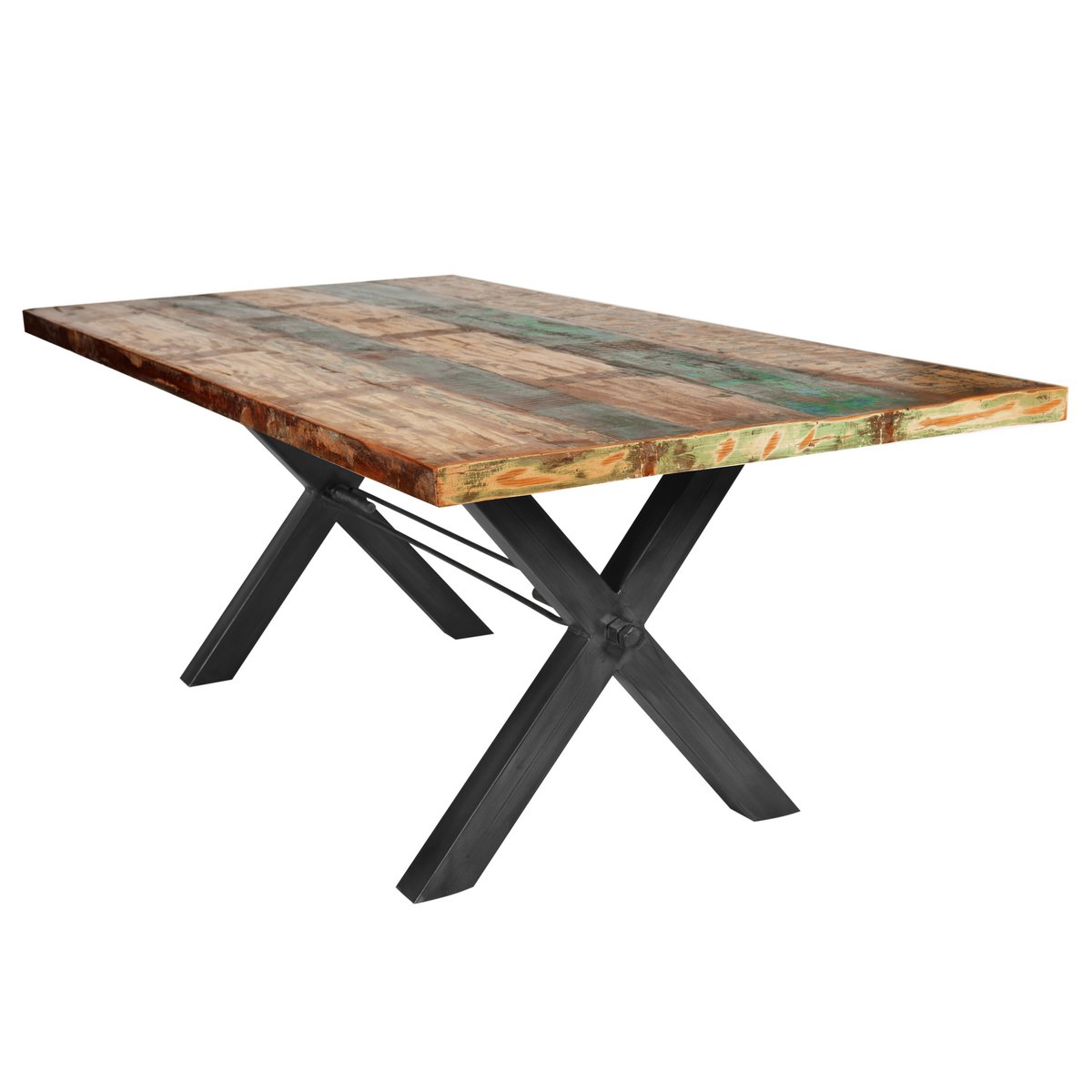 Tafel 240x100 cm, teruggewonnen hout geschilderd in felle kleuren