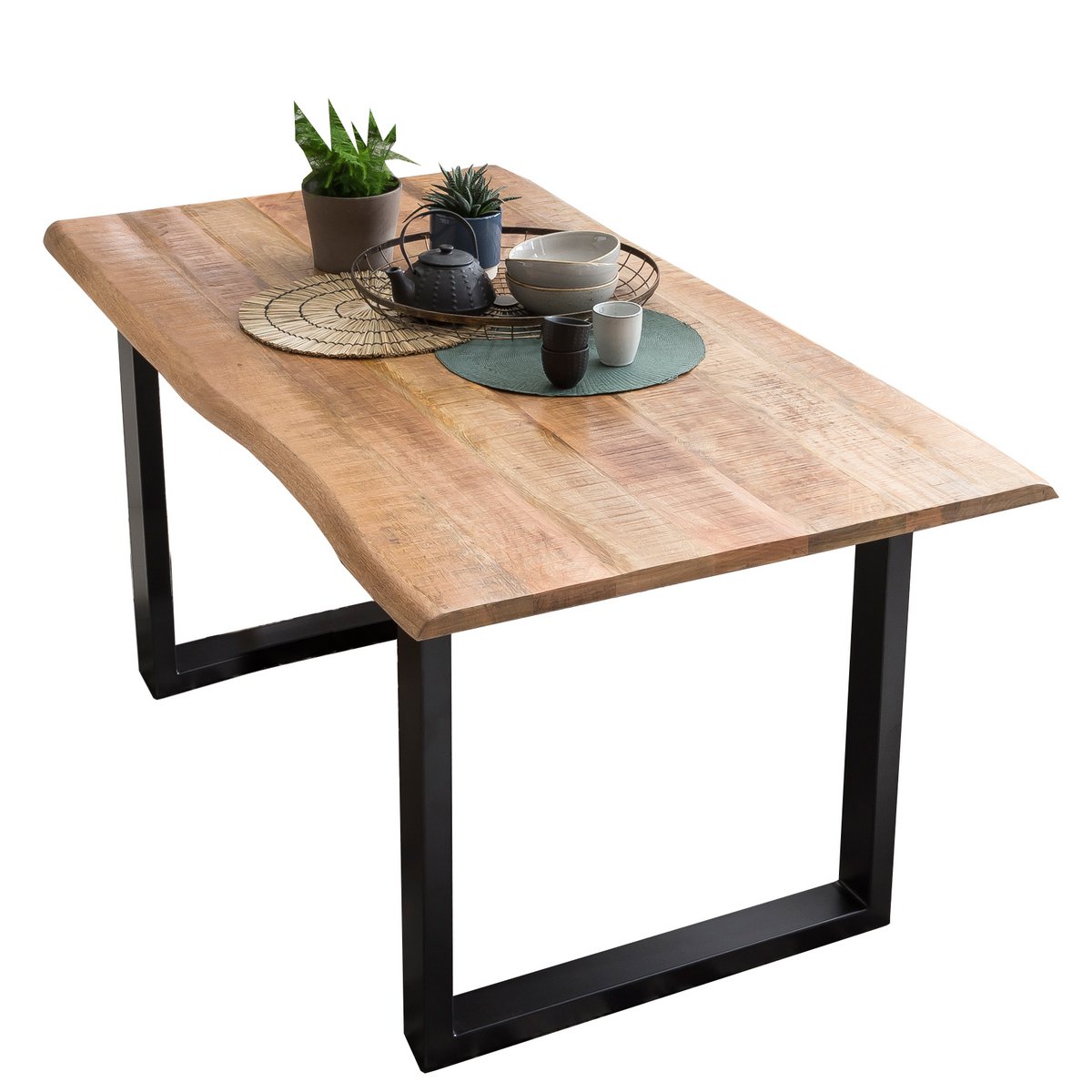 Tafel 160x85 cm, mango naturel ruw gezaagd, zwart frame