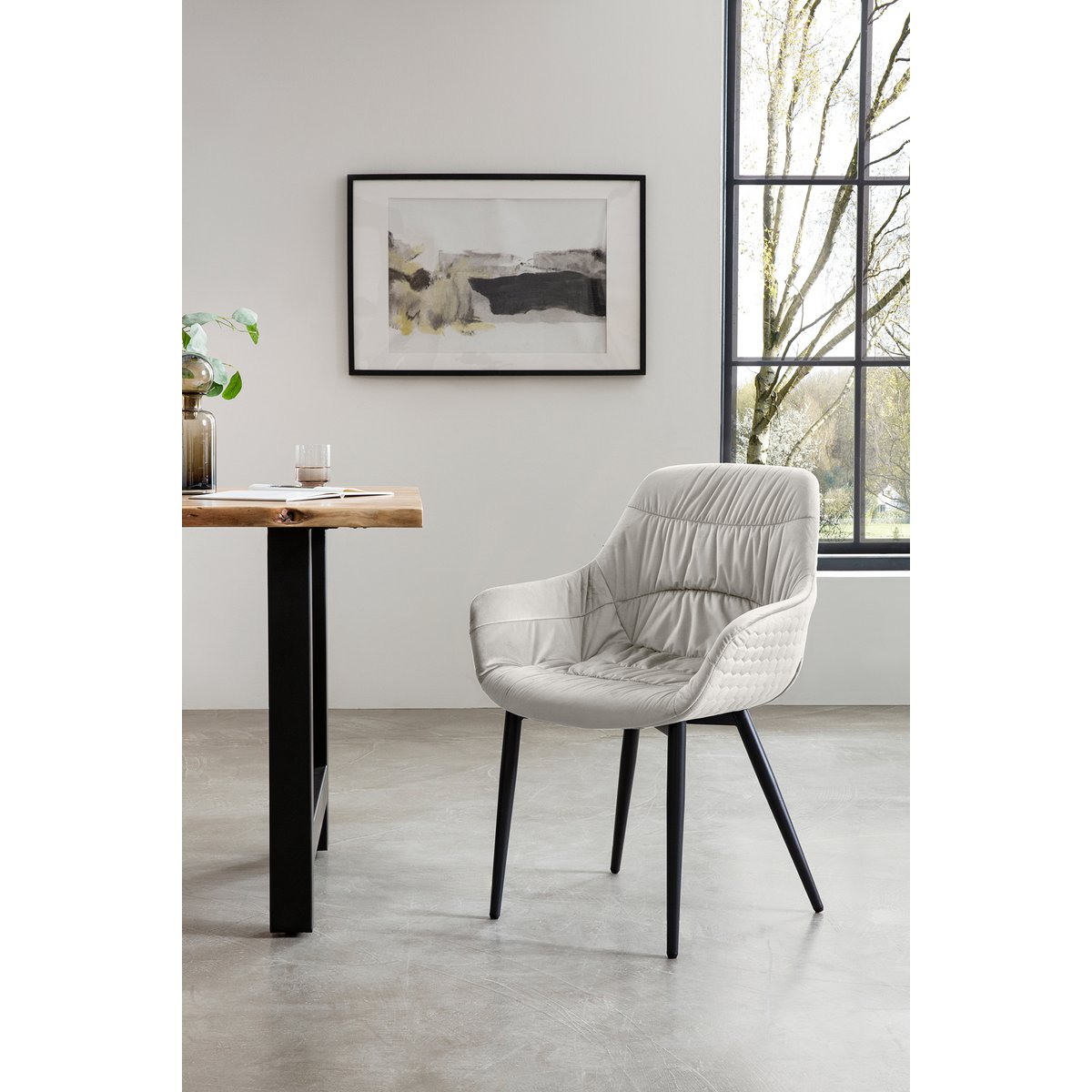 Fauteuil met honingraatstiksel in crème fluweel