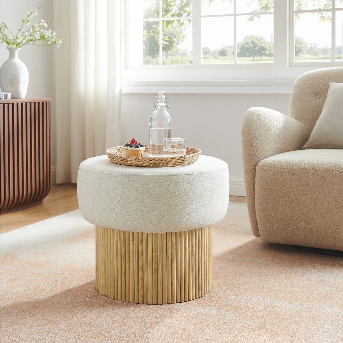 Stoel pouf met opslagruimte Ø 50 cm natuurlijk/wit