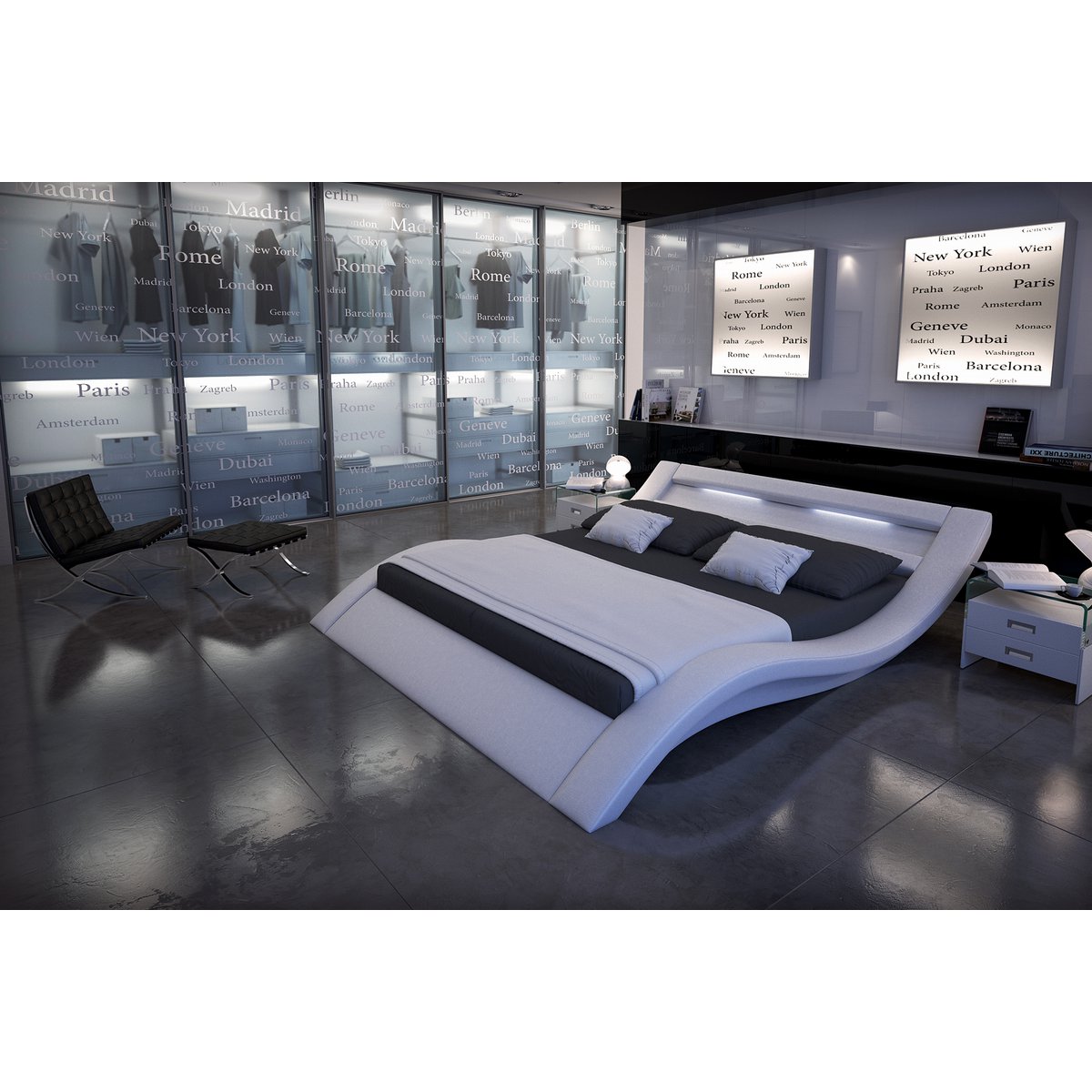 Gestoffeerd bed 140x200 cm LED wit kunstleerlook