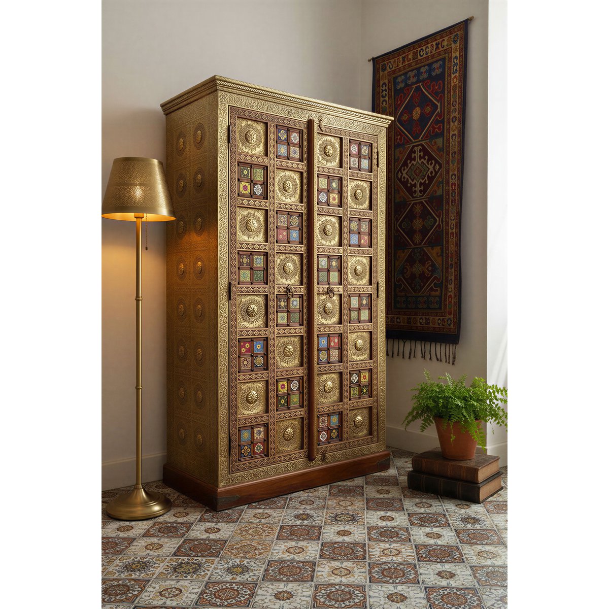 Kast met 2 deuren, acacia, metaal, kleurrijk