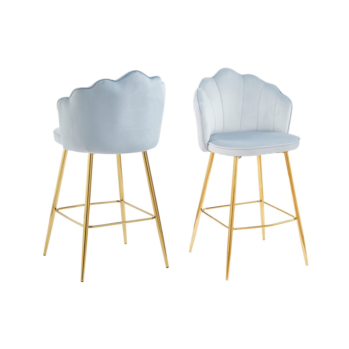 Set van 2 barkrukken met schelpdesign in lichtgrijs fluweel