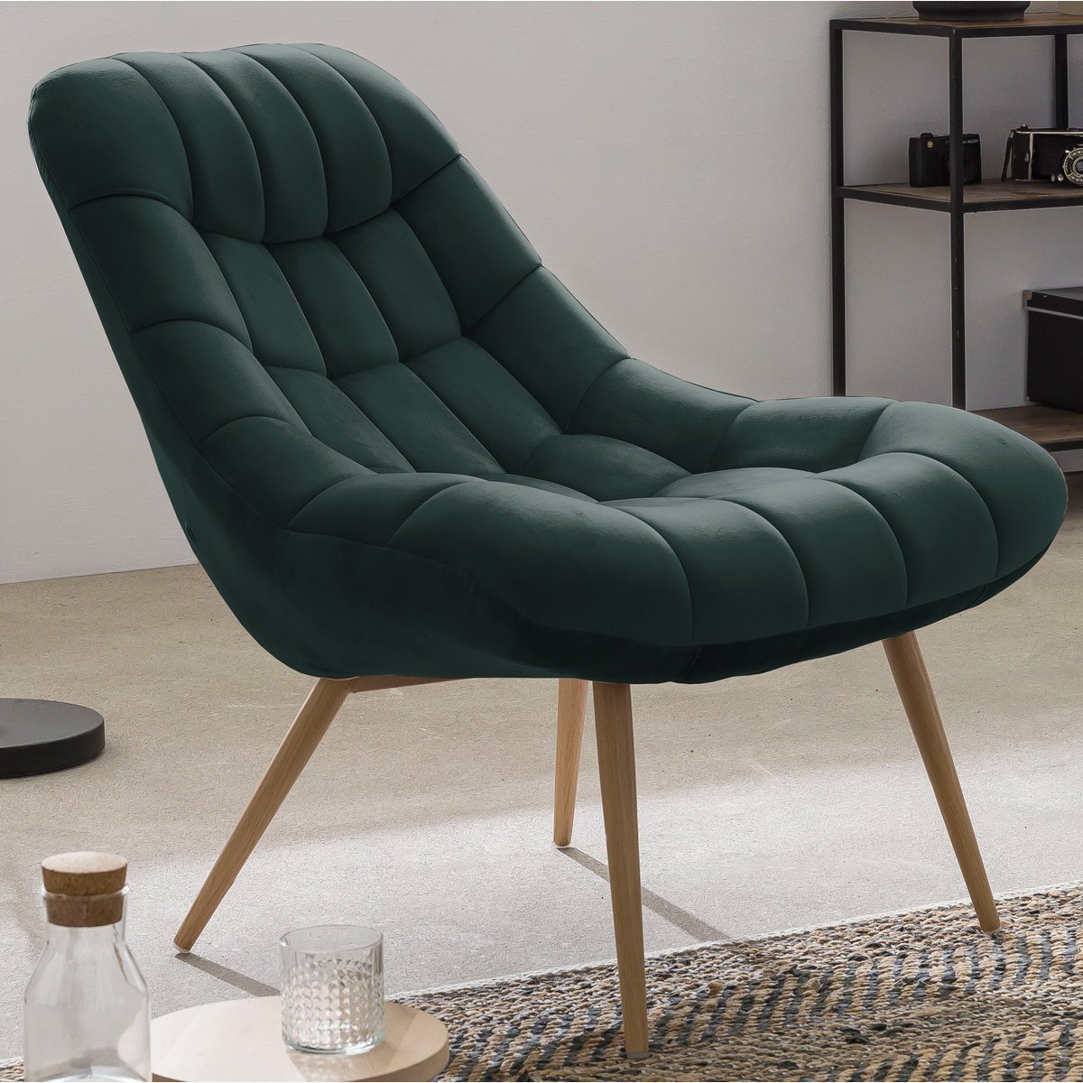 Fauteuil XXL fluweel groen metaal houtlook