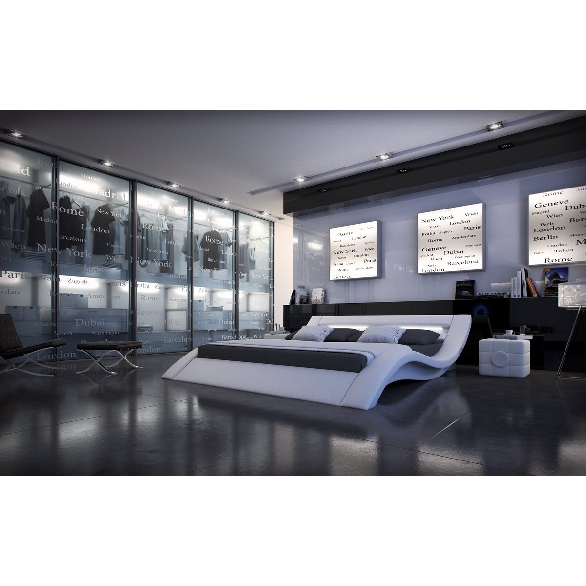 Gestoffeerd bed 140x200 cm LED wit kunstleerlook