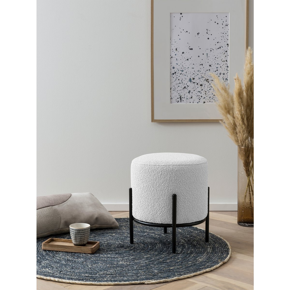 Gestoffeerde kruk Ø35 cm bouclé stof wit